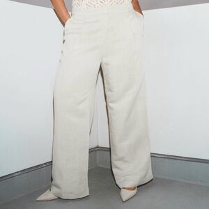 H&M Linen Blend Trouser, Light Beige, Size 14. High Waist, Straight Leg